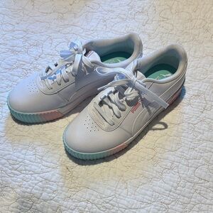 Puma Kids White Sneakers with Pink and Teal Highlights